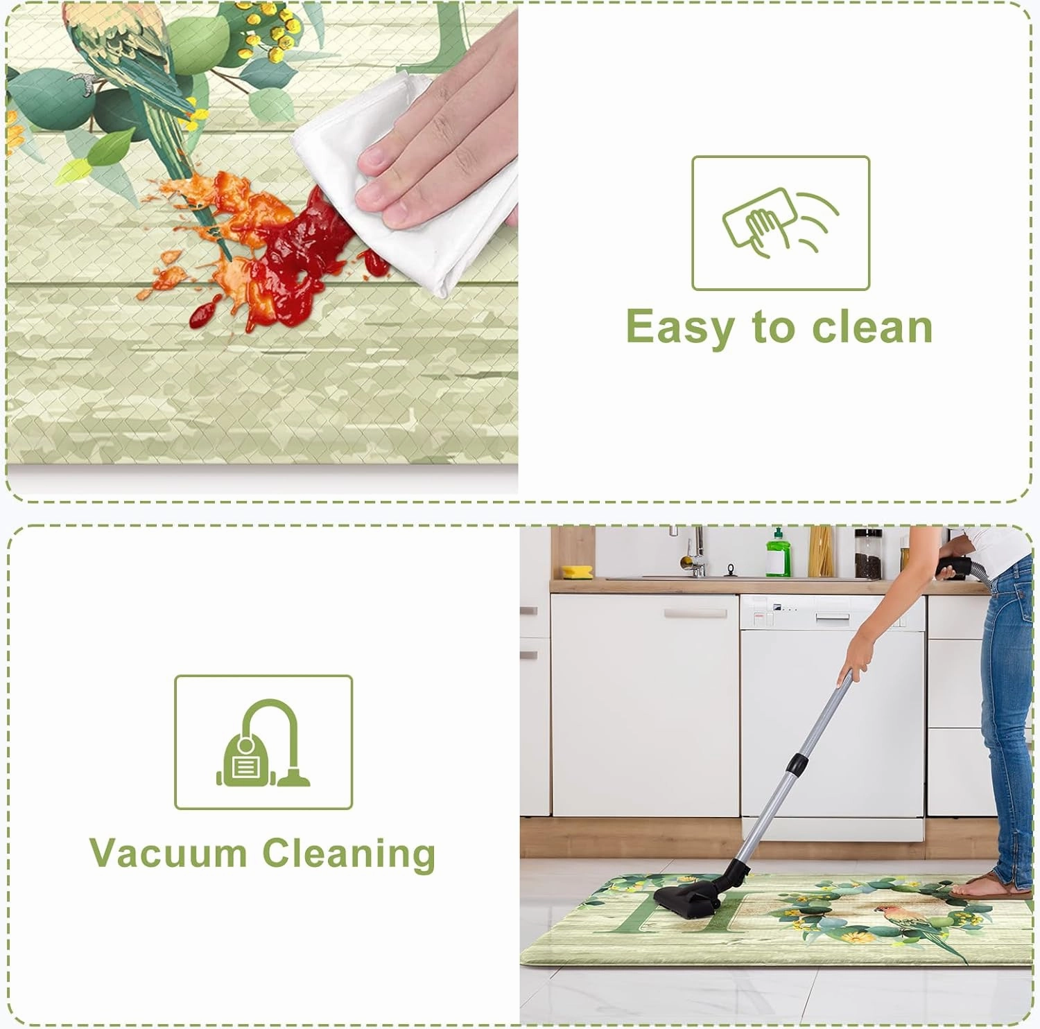 KIMODE Anti Fatigue Kitchen Mats for Floor 2 Piece,Farmhouse Spring Rugs Non Slip,Cushioned Memory Foam Carpet for Sink Laundry Office Bathroom,Green 17"x47" 17"x29"
