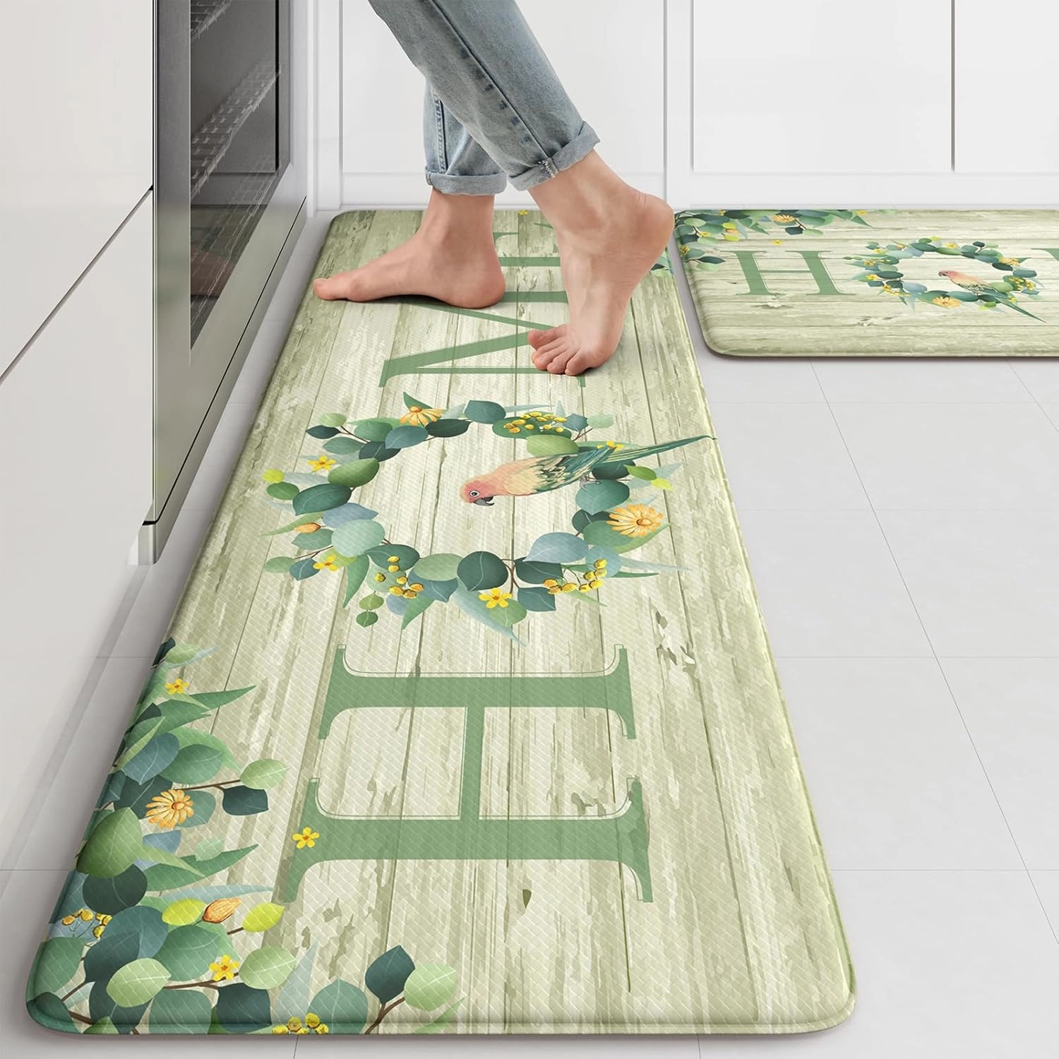 KIMODE Anti Fatigue Kitchen Mats for Floor 2 Piece,Farmhouse Spring Rugs Non Slip,Cushioned Memory Foam Carpet for Sink Laundry Office Bathroom,Green 17"x47" 17"x29"