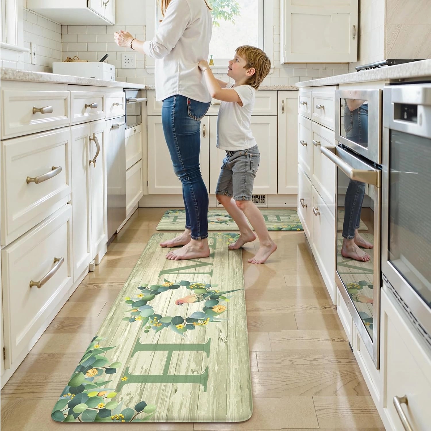 KIMODE Anti Fatigue Kitchen Mats for Floor 2 Piece,Farmhouse Spring Rugs Non Slip,Cushioned Memory Foam Carpet for Sink Laundry Office Bathroom,Green 17"x47" 17"x29"