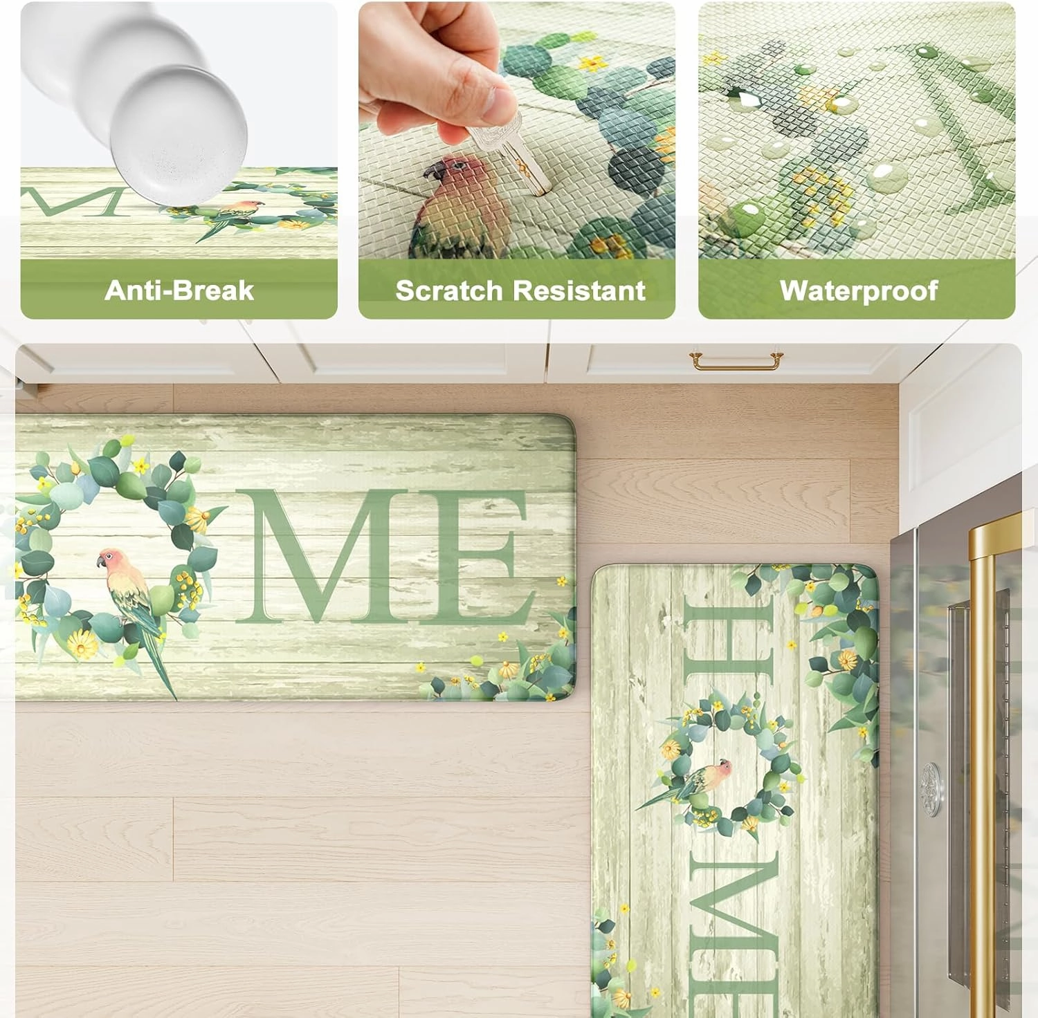 KIMODE Anti Fatigue Kitchen Mats for Floor 2 Piece,Farmhouse Spring Rugs Non Slip,Cushioned Memory Foam Carpet for Sink Laundry Office Bathroom,Green 17"x47" 17"x29"
