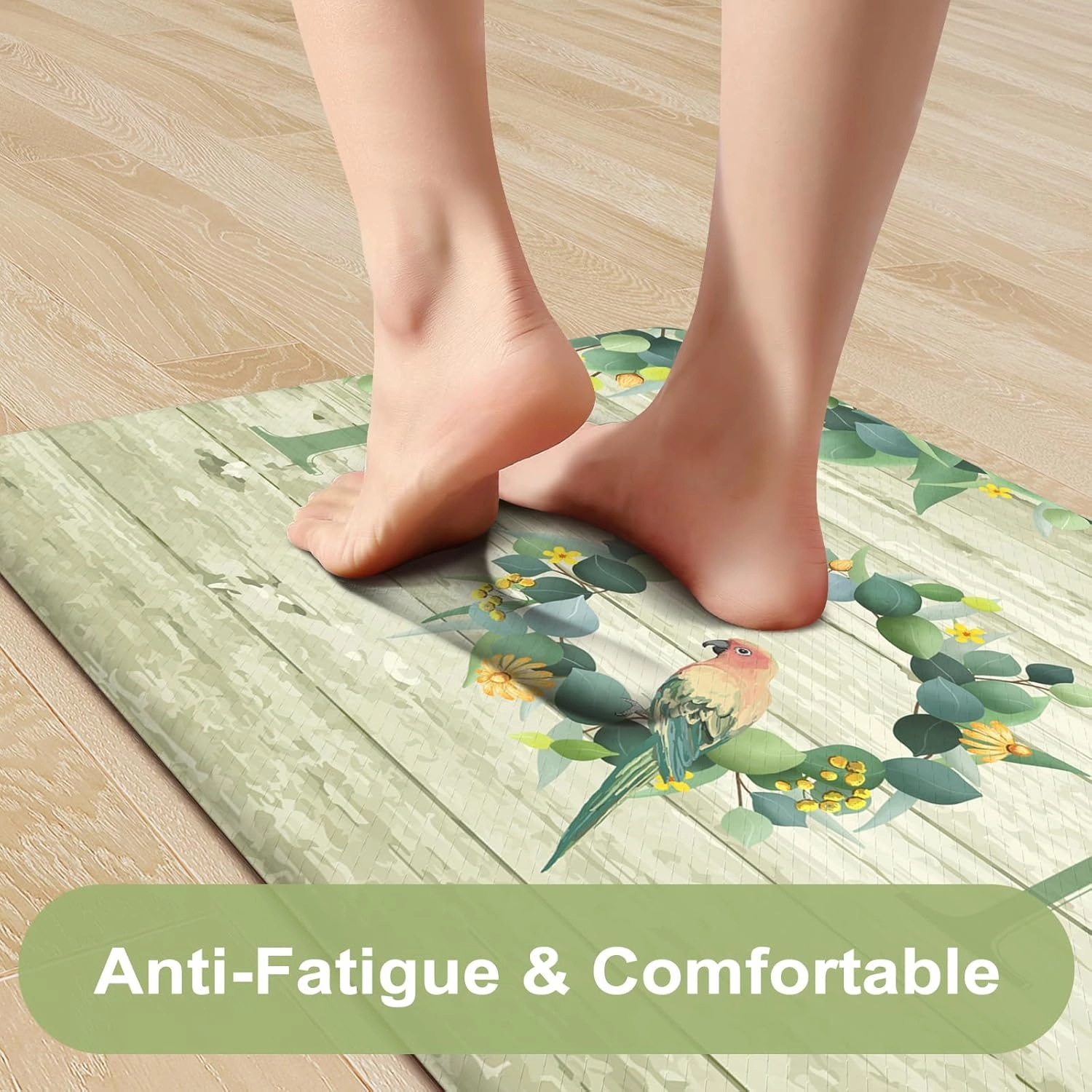 KIMODE Anti Fatigue Kitchen Mats for Floor 2 Piece,Farmhouse Spring Rugs Non Slip,Cushioned Memory Foam Carpet for Sink Laundry Office Bathroom,Green 17"x47" 17"x29"