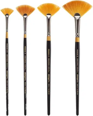 KINGART B-091 Premium 4 pc. Original Gold 9200 Series Fan Artist Brush Set, Synthetic Golden Taklon Hair for Acrylic, Oil, Watercolor and Gouache Paint, Short Handle, 4 Sizes: 2/0, 2, 4, 6