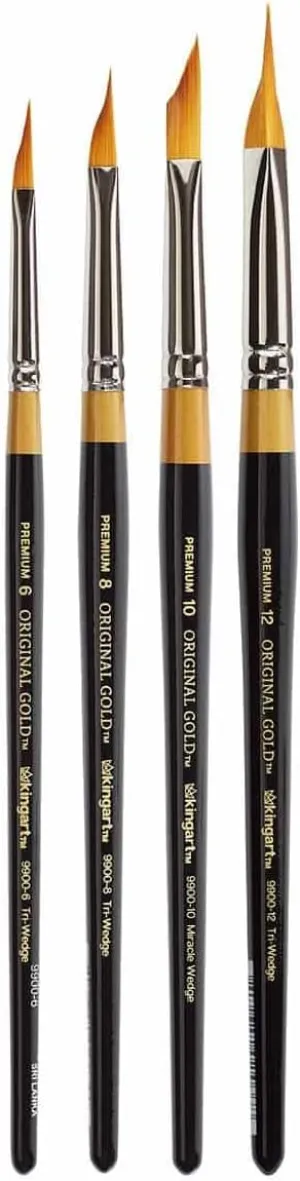 KINGART B-092 Premium 4 pc. Original Gold 9900 Series Miracle Wedge Artist Brush Set, Synthetic Golden Taklon Hair for Acrylic, Oil, Watercolor and Gouache Paint, Short Handle, 4 Sizes: 6, 8, 10, 12