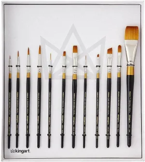 KINGART Premium Original Gold Series Handcrafted Golden Taklon Multimedia Artist Brushes, Gift Box, Set of 12, Black Glosss Handle, for Oil, Acrylic, Watercolor & Gouache Paints