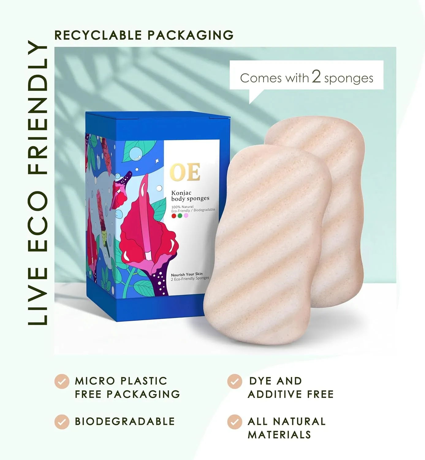 Konjac Body Sponge (2 Pack) | 100% Natural & Dye Free | Non-Toxic | Biodegradable | Eco-Friendly | Plastic Free Packaging