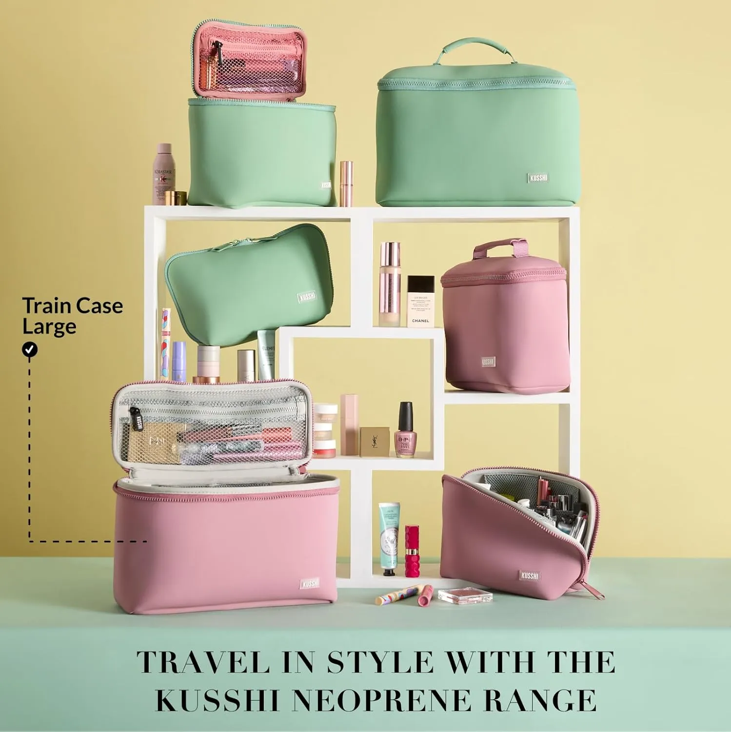 KUSSHI Neoprene Train Case Makeup Bag - Washable Makeup Travel Bag & Vanity Case for Stress Free Travel (Large, Mauve/Stone)