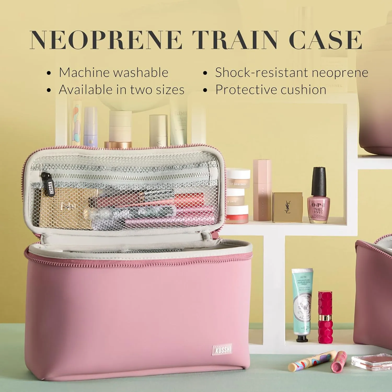 KUSSHI Neoprene Train Case Makeup Bag - Washable Makeup Travel Bag & Vanity Case for Stress Free Travel (Large, Mauve/Stone)