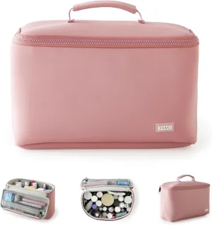 KUSSHI Neoprene Train Case Makeup Bag - Washable Makeup Travel Bag & Vanity Case for Stress Free Travel (Large, Mauve/Stone)