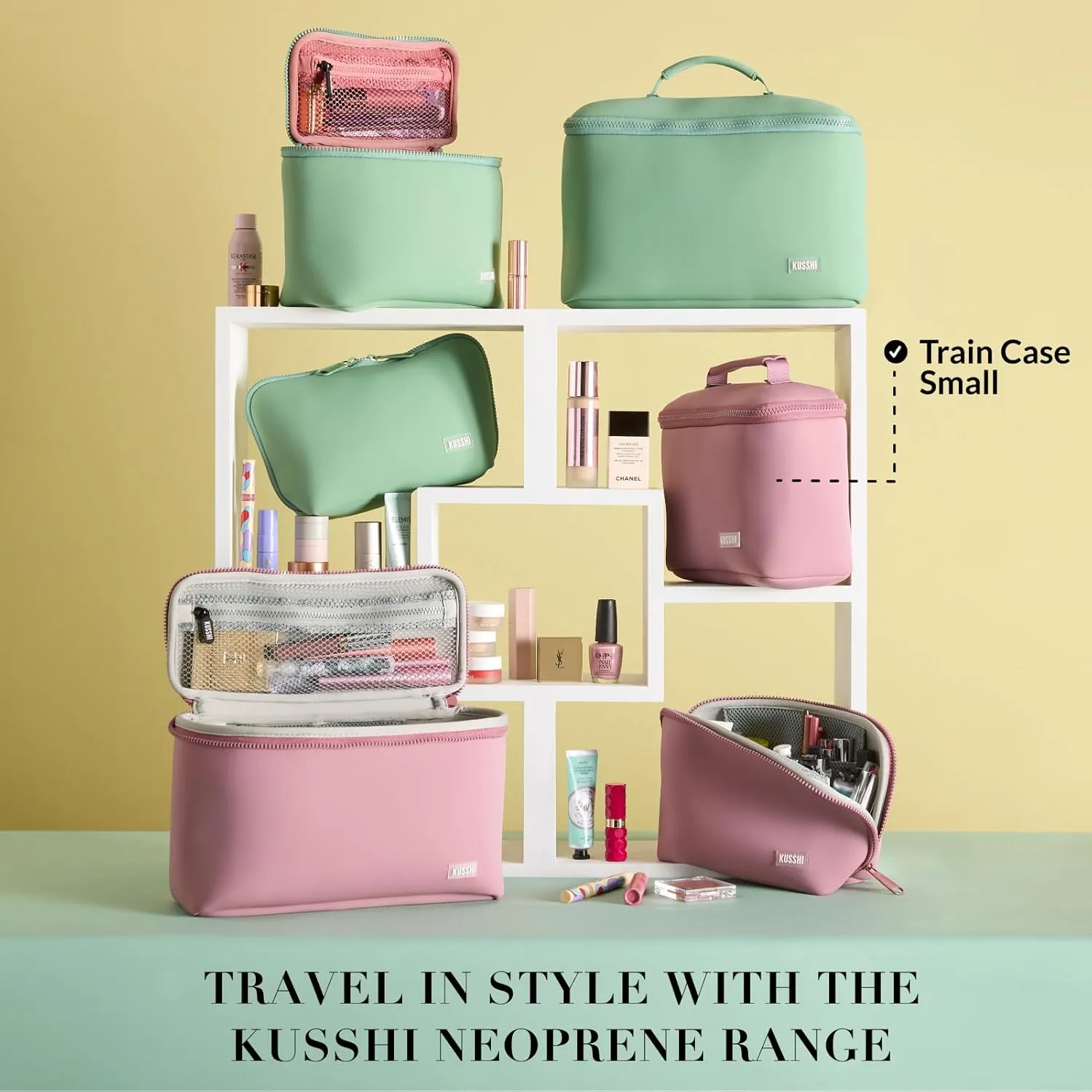 KUSSHI Neoprene Train Case Makeup Bag - Washable Makeup Travel Bag & Vanity Case for Stress Free Travel (Small, Mauve/Stone)