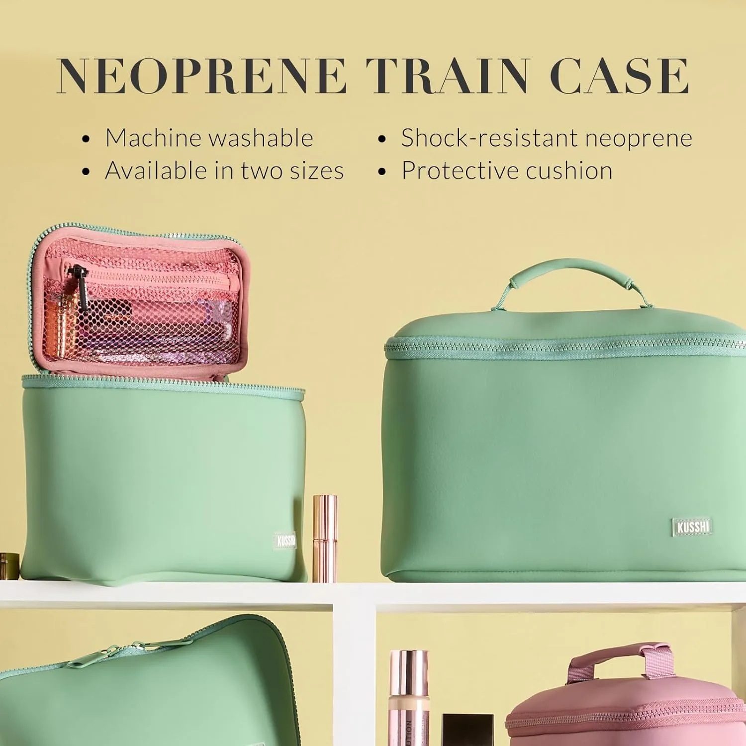 KUSSHI Neoprene Train Case Makeup Bag - Washable Makeup Travel Bag & Vanity Case for Stress Free Travel (Small, Mauve/Stone)