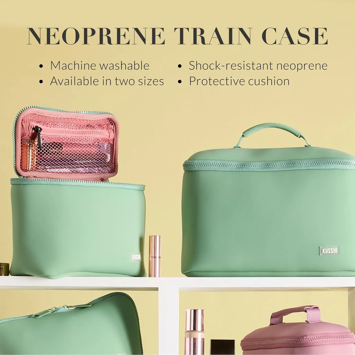 KUSSHI Neoprene Train Case Makeup Bag - Washable Makeup Travel Bag & Vanity Case for Stress Free Travel (Small, Sage/Coral Rose)