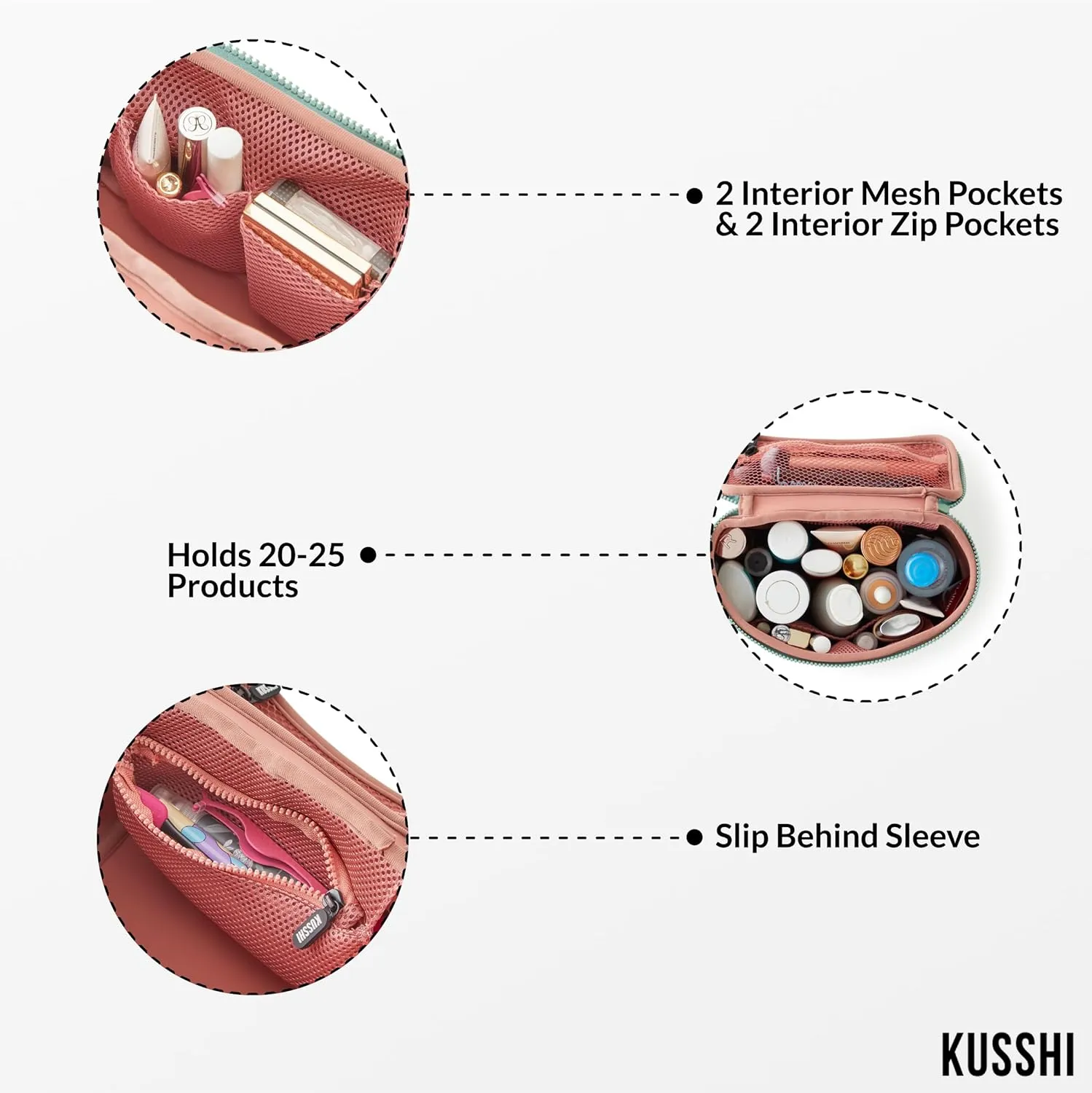 KUSSHI Neoprene Train Case Makeup Bag - Washable Makeup Travel Bag & Vanity Case for Stress Free Travel (Small, Sage/Coral Rose)