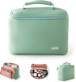 KUSSHI Neoprene Train Case Makeup Bag - Washable Makeup Travel Bag & Vanity Case for Stress Free Travel (Small, Sage/Coral Rose)