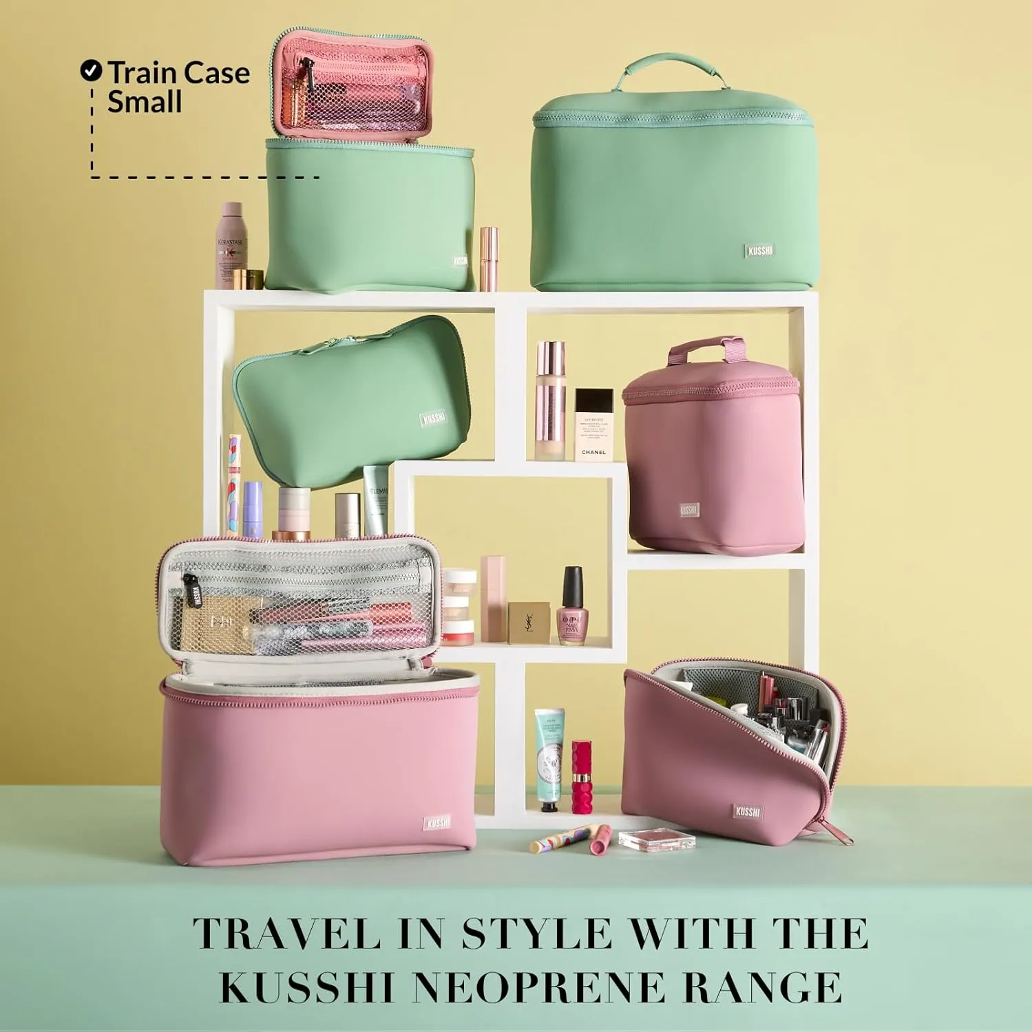 KUSSHI Neoprene Train Case Makeup Bag - Washable Makeup Travel Bag & Vanity Case for Stress Free Travel (Small, Sage/Coral Rose)