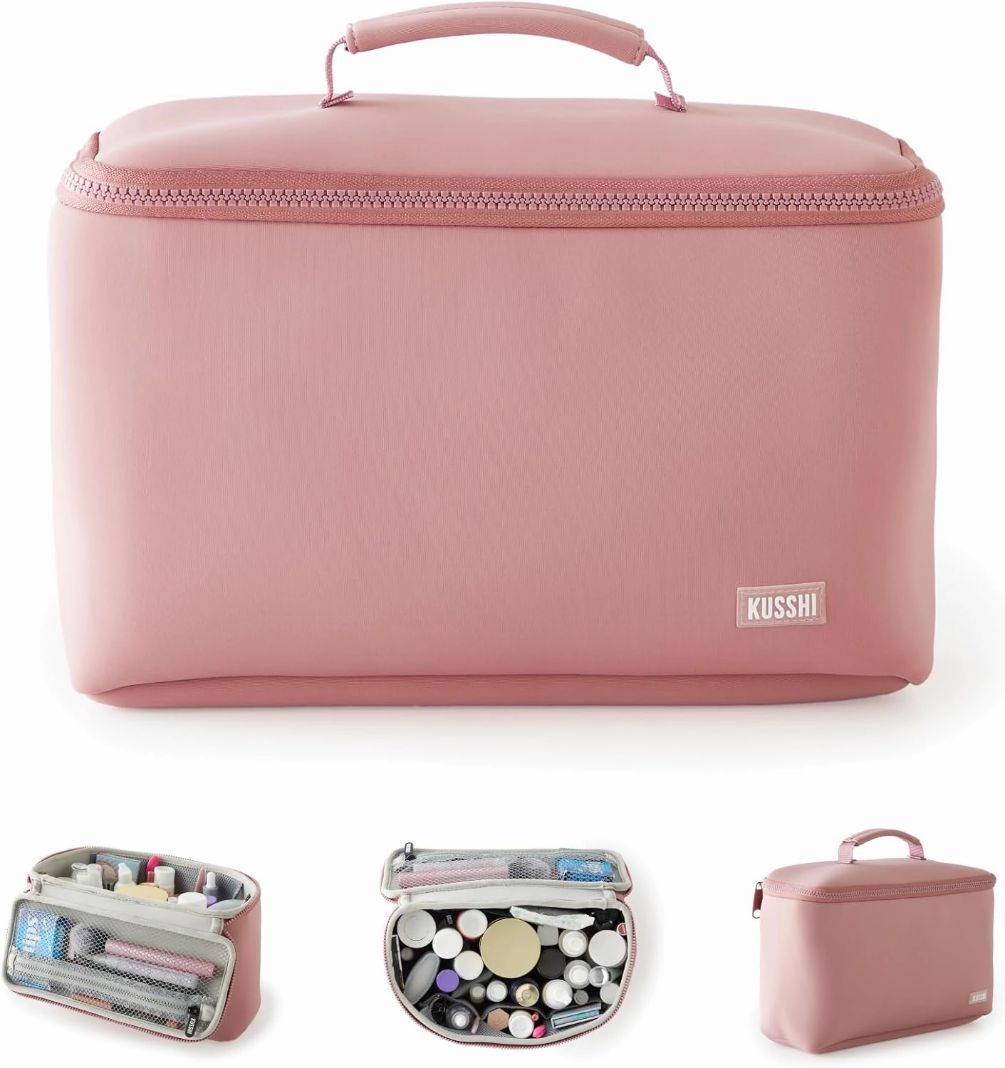 KUSSHI Neoprene Train Case Makeup Bag - Washable Makeup Travel Bag & Vanity Case for Stress Free Travel (Large, Mauve/Stone)