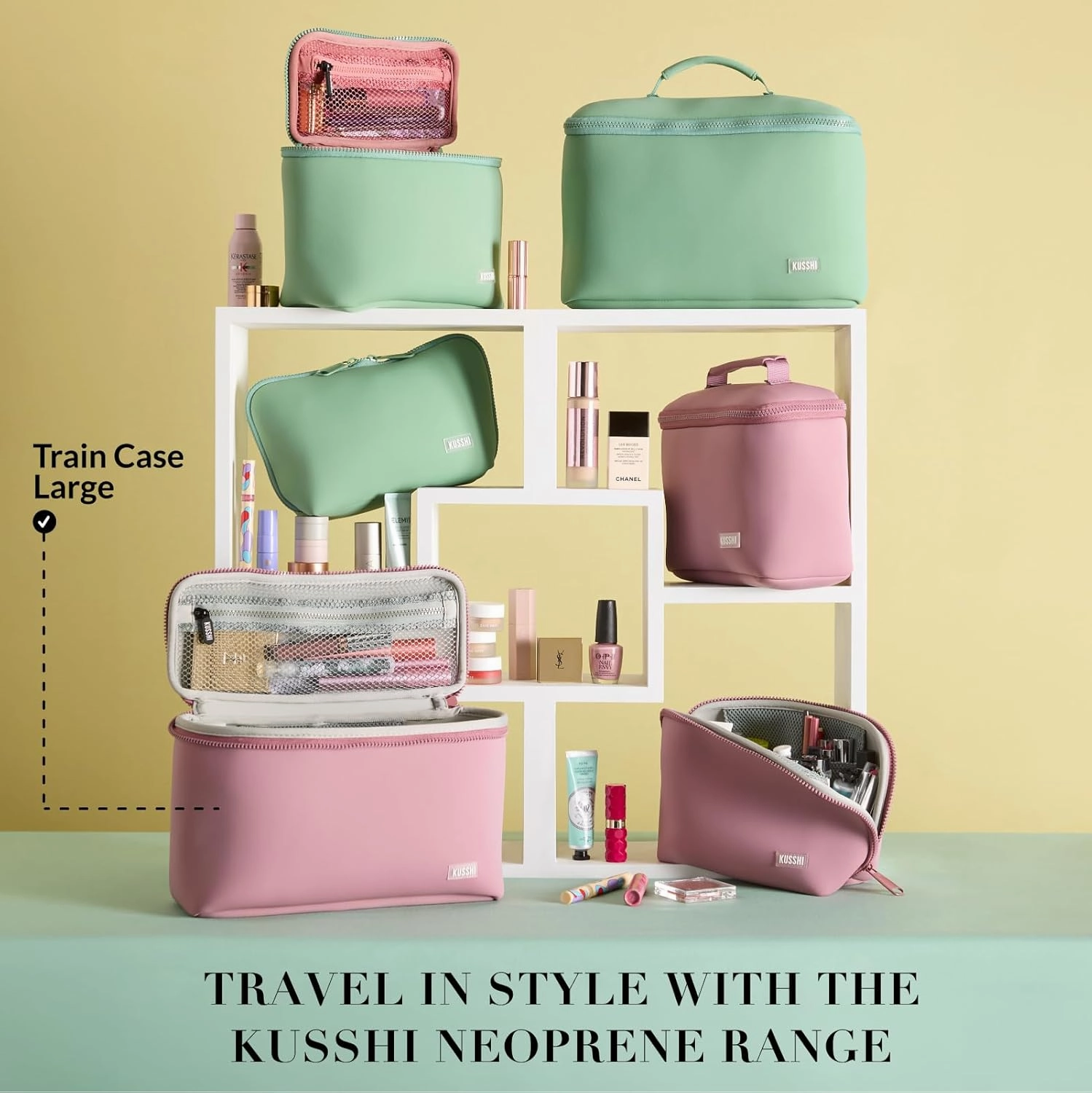 KUSSHI Neoprene Train Case Makeup Bag - Washable Makeup Travel Bag & Vanity Case for Stress Free Travel (Large, Mauve/Stone)