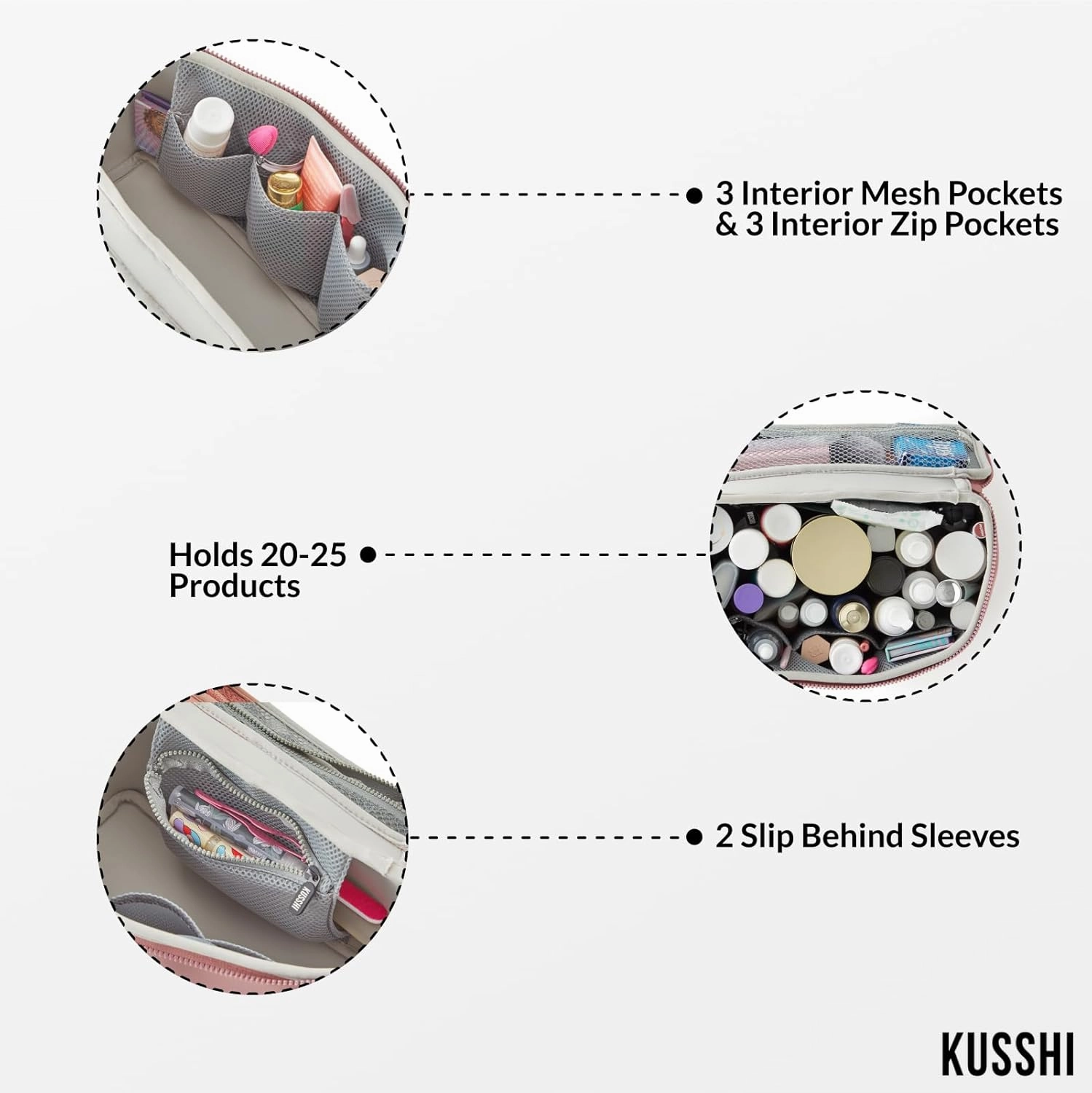 KUSSHI Neoprene Train Case Makeup Bag - Washable Makeup Travel Bag & Vanity Case for Stress Free Travel (Large, Mauve/Stone)