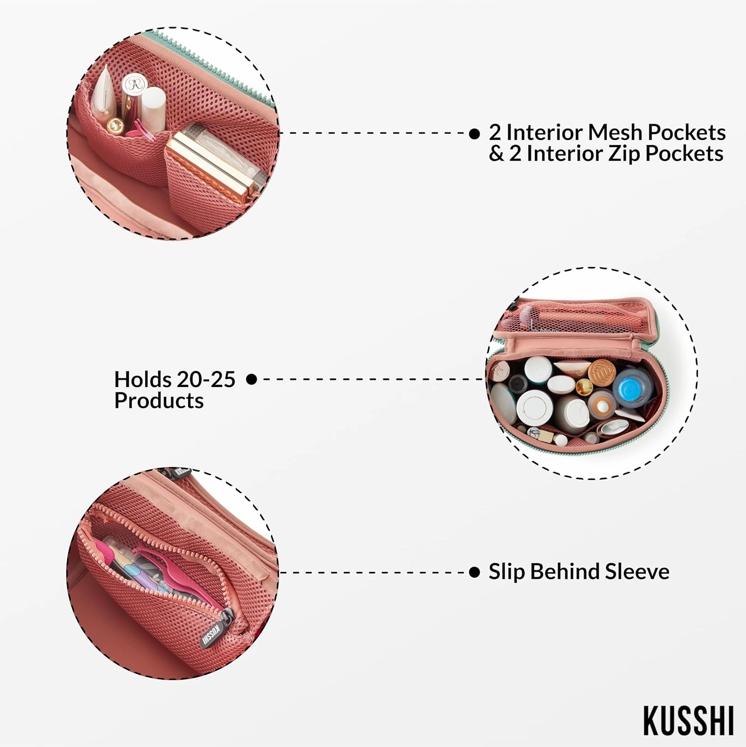 KUSSHI Neoprene Train Case Makeup Bag - Washable Makeup Travel Bag & Vanity Case for Stress Free Travel (Small, Sage/Coral Rose)