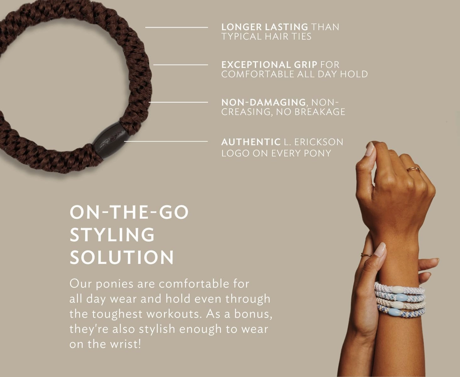 L. Erickson Grab & Go Pony Tube - Brown Stone - 15 Pack Ponytail Holder Hair Ties