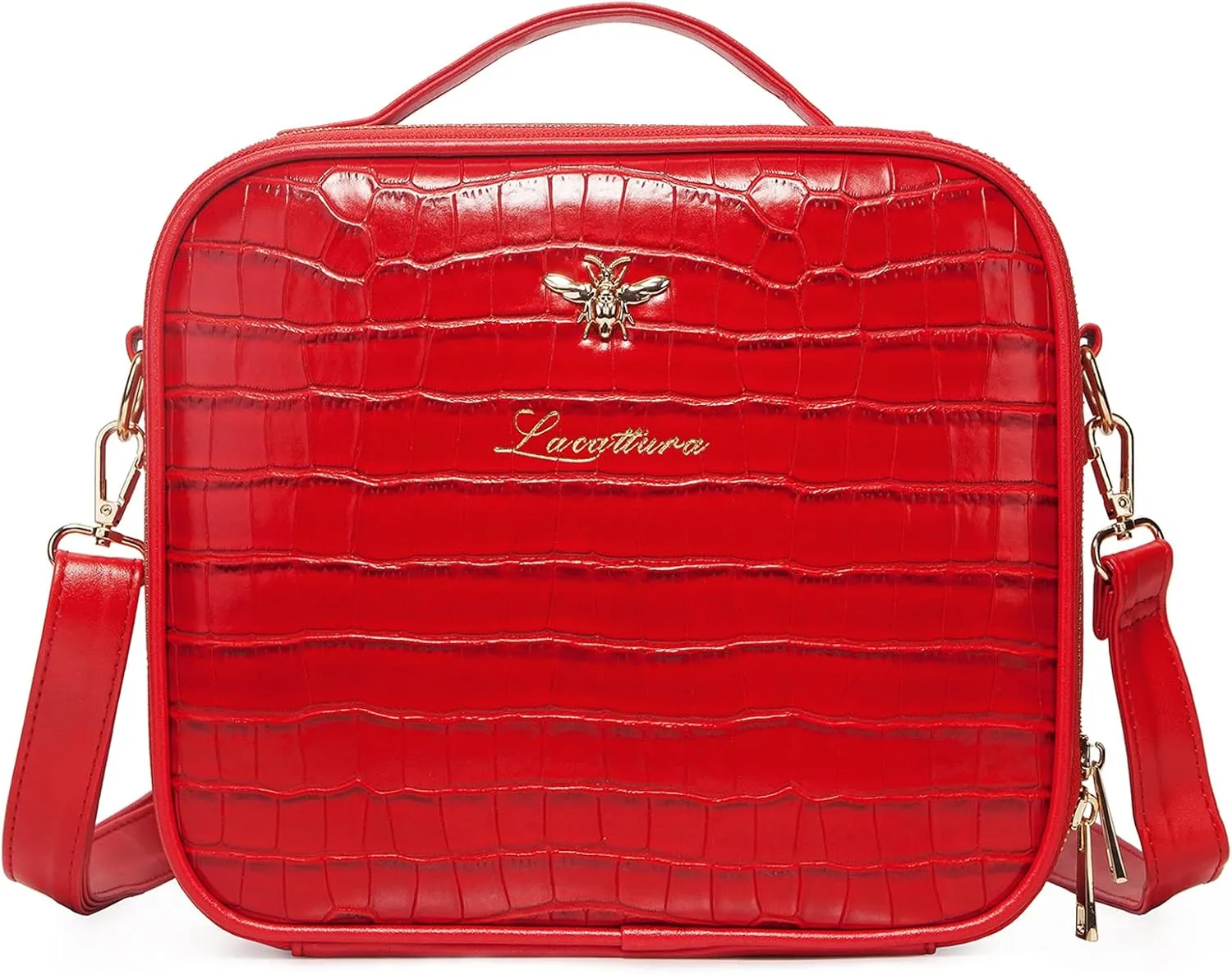 LACATTURA Travel Makeup bag, Leather Makeup Train Case Cosmetic Organizer for Makeup Brushes Toiletry Digital Accessories, Portable Artist Storage Bag With Shoulder Strap for Women lady Red