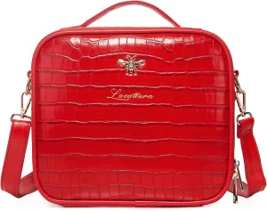 LACATTURA Travel Makeup bag, Leather Makeup Train Case Cosmetic Organizer for Makeup Brushes Toiletry Digital Accessories, Portable Artist Storage Bag With Shoulder Strap for Women lady Red
