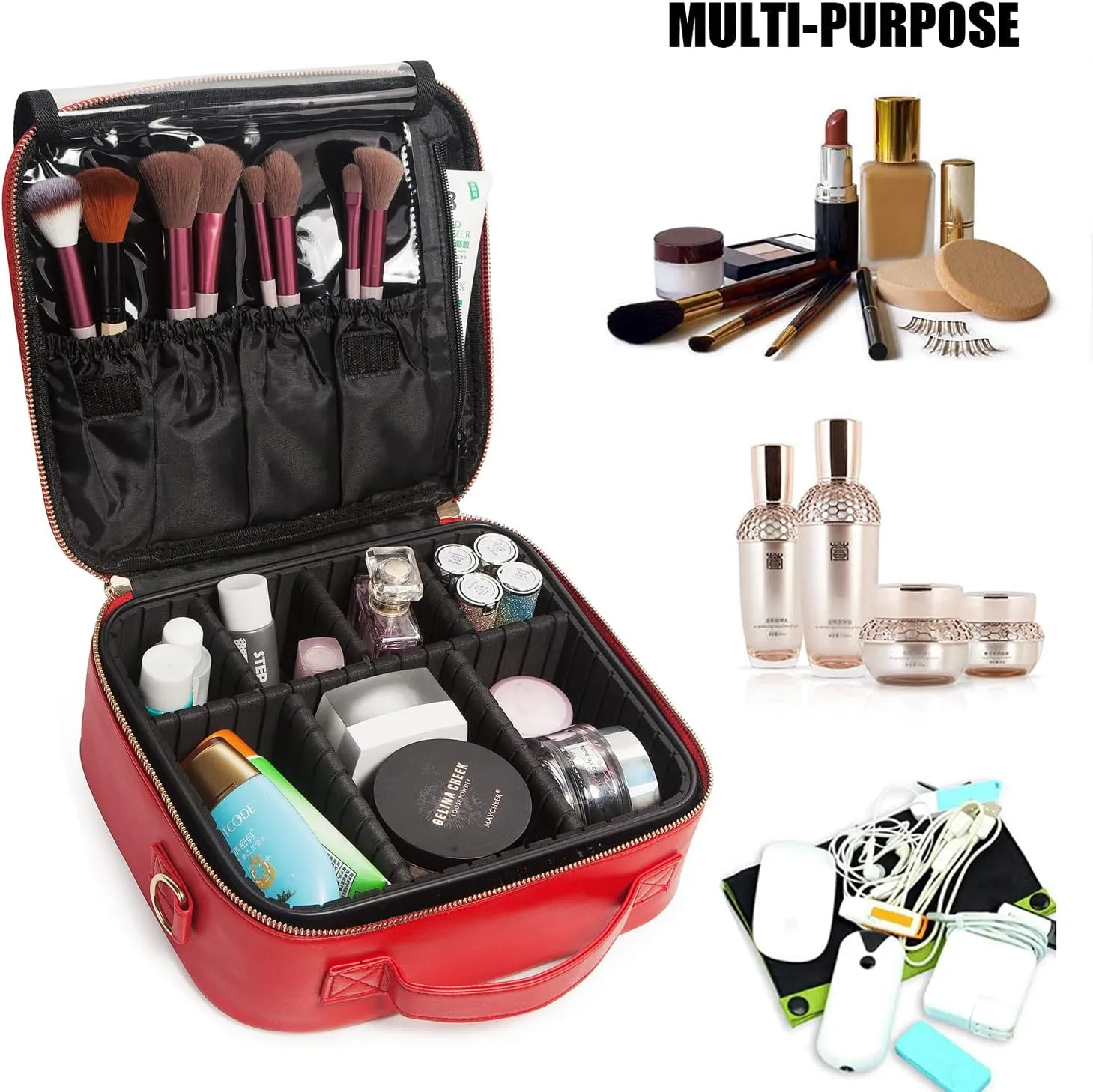 LACATTURA Travel Makeup bag, Leather Makeup Train Case Cosmetic Organizer for Makeup Brushes Toiletry Digital Accessories, Portable Artist Storage Bag With Shoulder Strap for Women lady Red