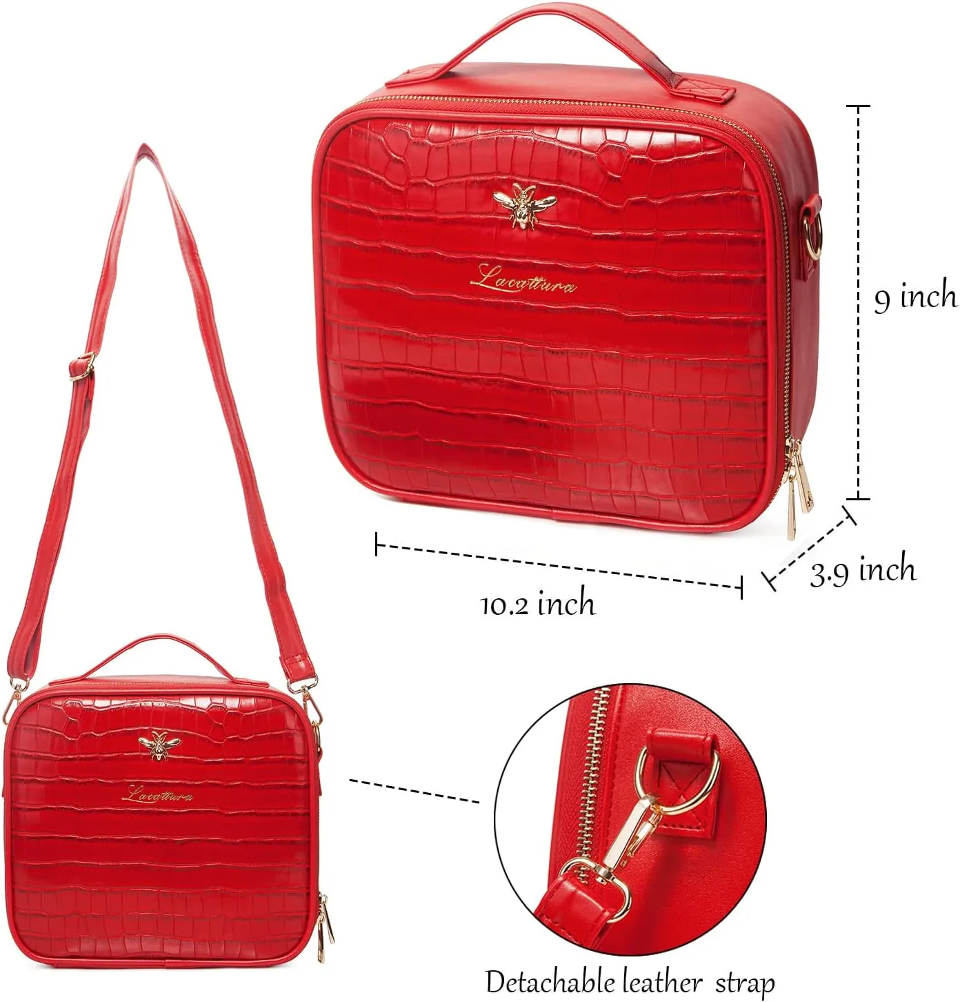 LACATTURA Travel Makeup bag, Leather Makeup Train Case Cosmetic Organizer for Makeup Brushes Toiletry Digital Accessories, Portable Artist Storage Bag With Shoulder Strap for Women lady Red