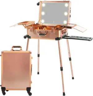 Large Makeup Train Case with Speaker & Code Lock & Full Screen Lighted Mirror & 3 Light Colors Lighted Rolling Cosmetic Organizer, Professional Artist Trolley Studio Free Standing