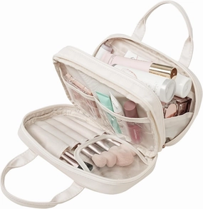 Large Makeup Bag, Cosmetic Bags for Women, Waterproof Travel Toiletry Bag, Makeup Bag Organizer, Wide-Open Cosmetic Case, Makeup Pouch, Travel Essentials with Divider and Handle Gift (White)