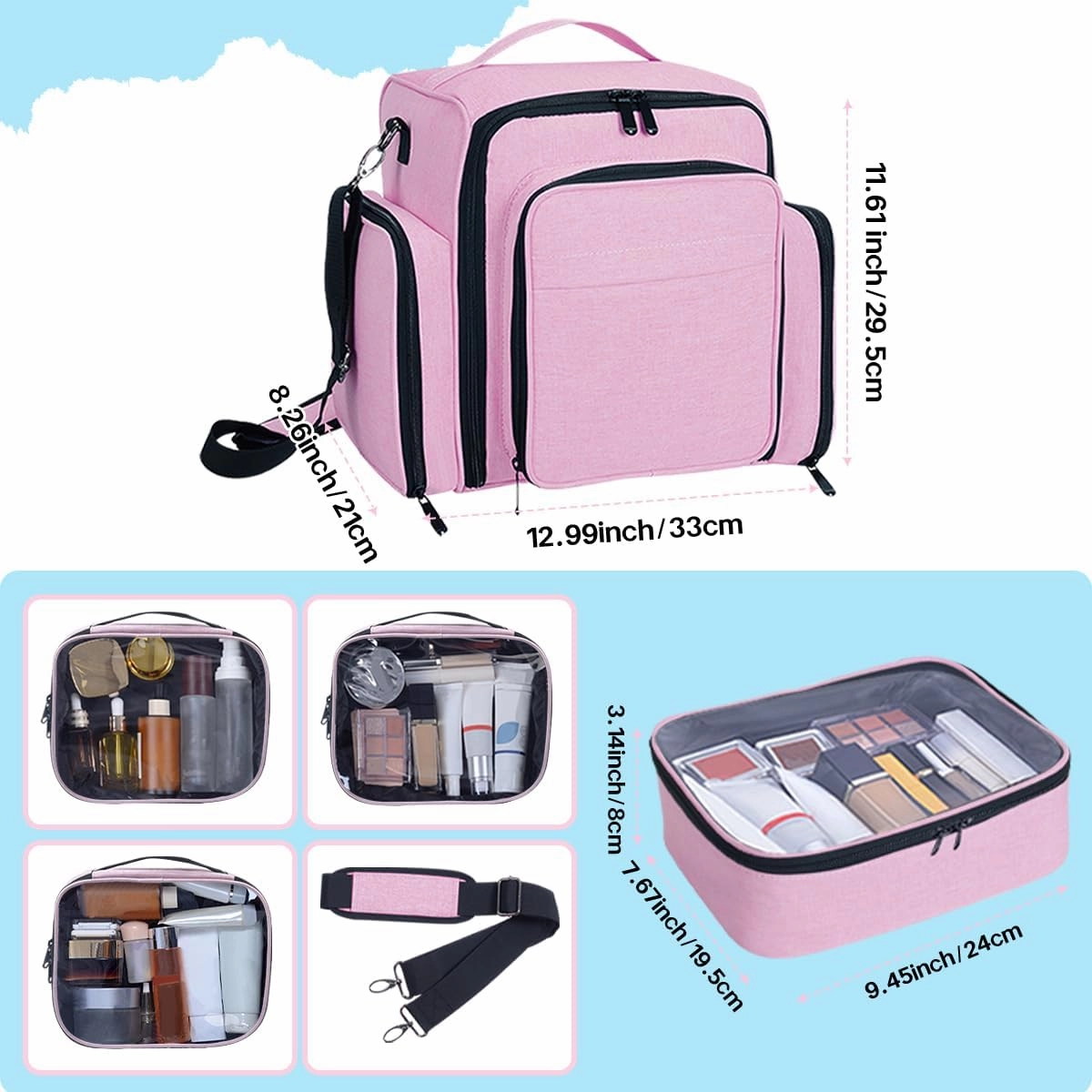 Large Makeup Bag Cosmetic Case Organizer with 3 Inner Removable Pouches Multifunctional Travel Train Storage,Pink