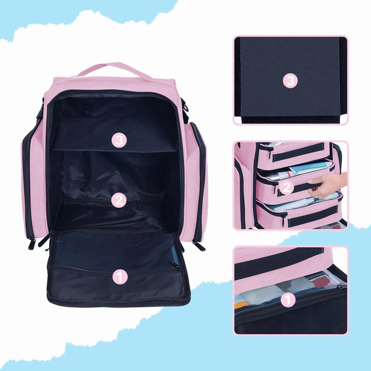 Large Makeup Bag Cosmetic Case Organizer with 3 Inner Removable Pouches Multifunctional Travel Train Storage,Pink