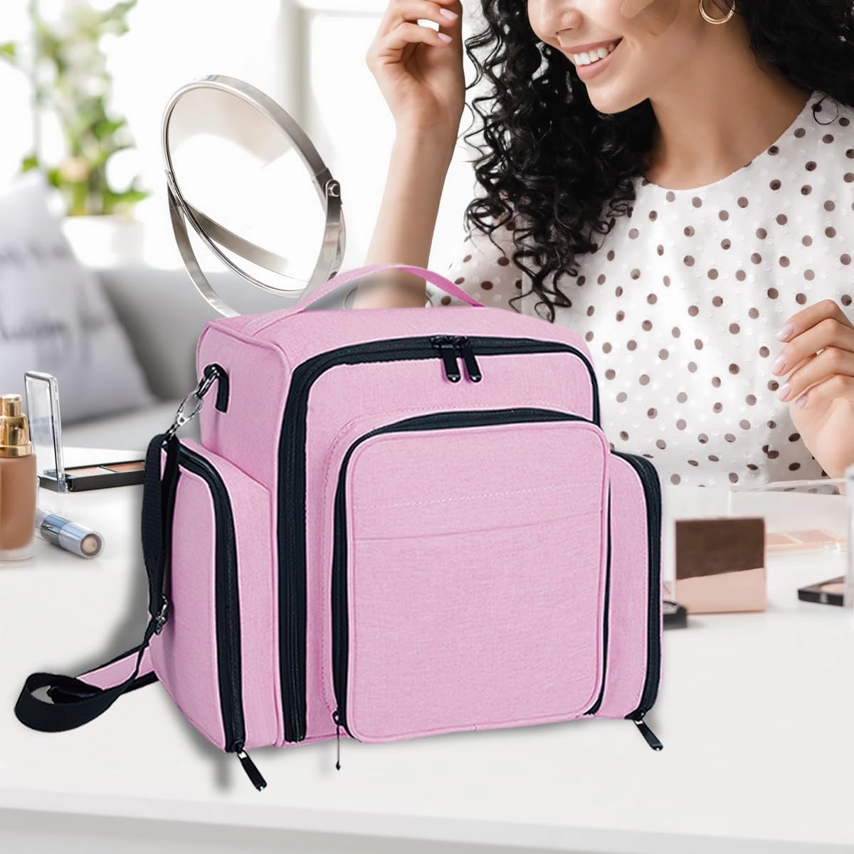 Large Makeup Bag Cosmetic Case Organizer with 3 Inner Removable Pouches Multifunctional Travel Train Storage,Pink