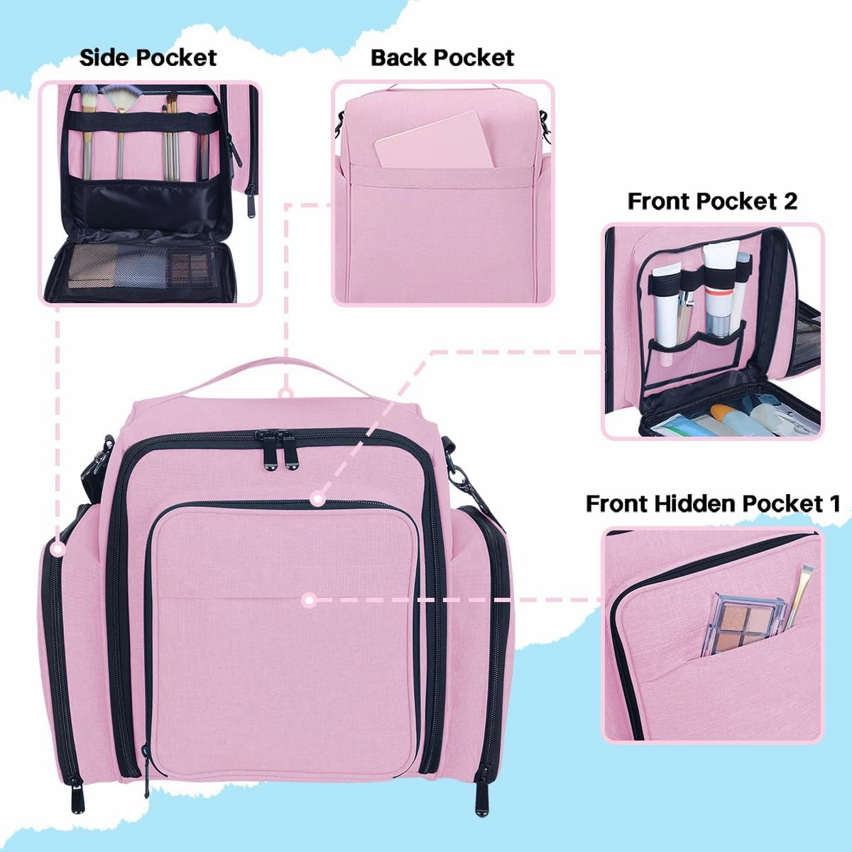 Large Makeup Bag Cosmetic Case Organizer with 3 Inner Removable Pouches Multifunctional Travel Train Storage,Pink