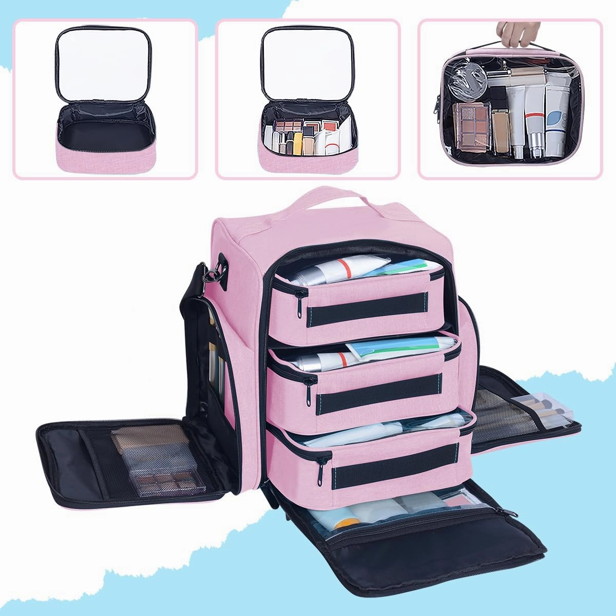 Large Makeup Bag Cosmetic Case Organizer with 3 Inner Removable Pouches Multifunctional Travel Train Storage,Pink