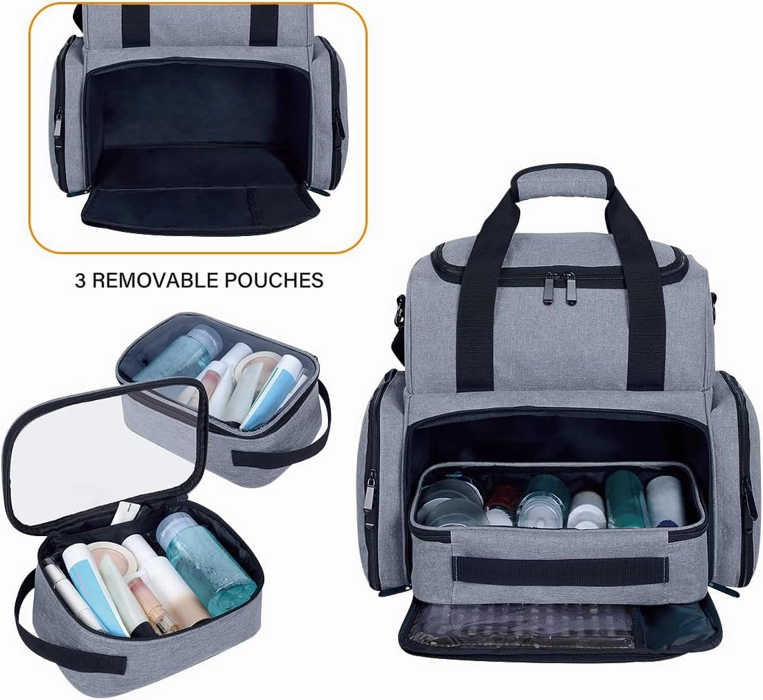 Large Makeup Cosmetic Bag with 3 Removable Case and 2 Removable Dividers Double Layer Travel Storage Organizer, Makeup Brushes Storage Section Grey