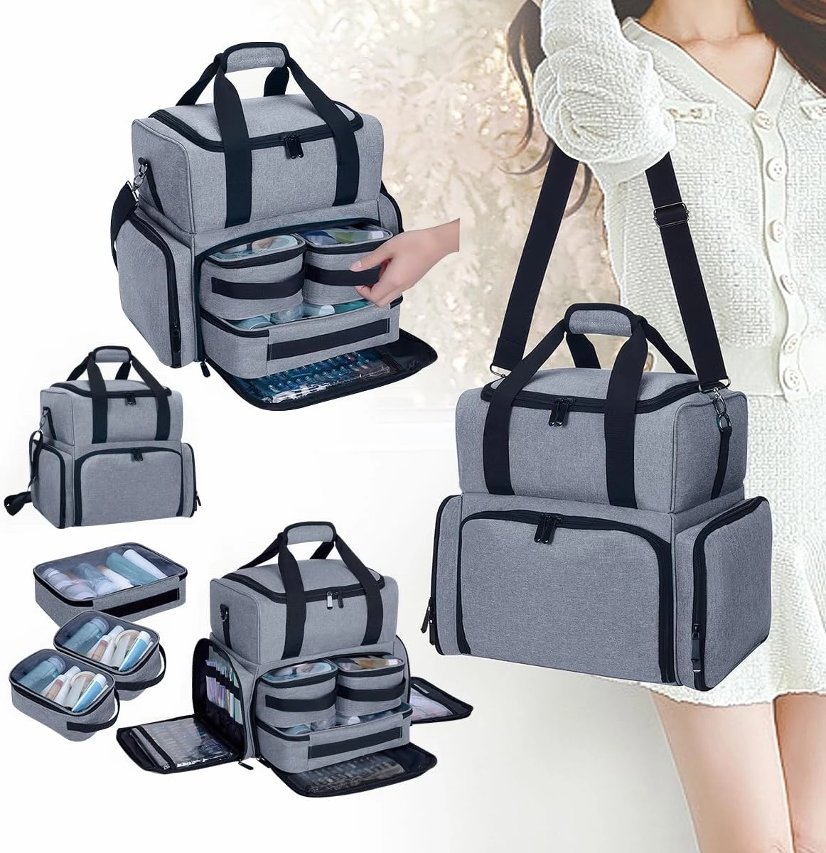 Large Makeup Cosmetic Bag with 3 Removable Case and 2 Removable Dividers Double Layer Travel Storage Organizer, Makeup Brushes Storage Section Grey
