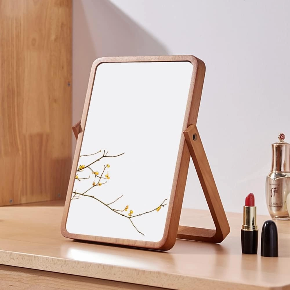 Large Square Makeup Mirror Retro Wooden Vanity Mirror Portable Folding Cosmetic Mirror Wall-Mounted Makeup Mirror Desktop Home Office Travel Bathroom Mirror