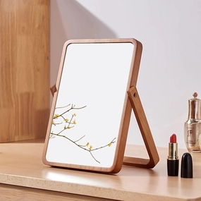 Large Square Makeup Mirror Retro Wooden Vanity Mirror Portable Folding Cosmetic Mirror Wall-Mounted Makeup Mirror Desktop Home Office Travel Bathroom Mirror