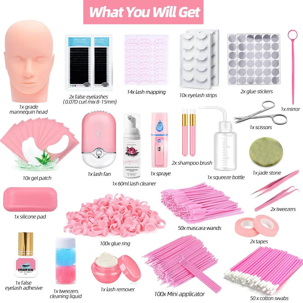 Lash Extension Kit Professional Eyelash Extensions Supplies Training for Beginners Mannequin Head Grafting Lash USB Fan Lash Shampoo Brush Spraye 0.07D Curl Mix 8-15mm Practice Eyelash Strips