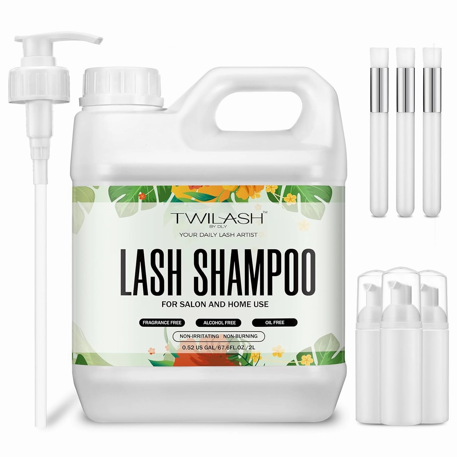 Lash Shampoo Bulk, Eyelash Cleanser for Extensions 2 Liters - 3 Foam Pump Bottles, 3 Lash Cleansing Brushes, Dispenser Pump - Eyelid Foaming Cleanser for Professional Salon and Home Use