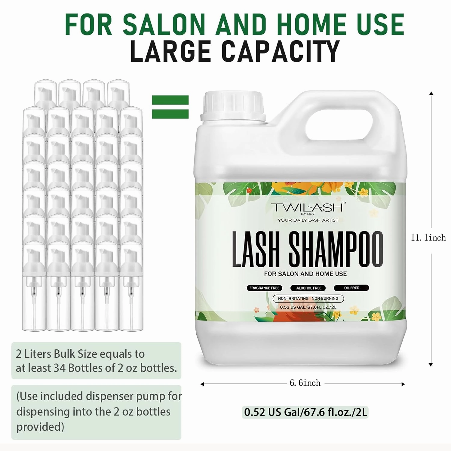 Lash Shampoo Bulk, Eyelash Cleanser for Extensions 2 Liters - 3 Foam Pump Bottles, 3 Lash Cleansing Brushes, Dispenser Pump - Eyelid Foaming Cleanser for Professional Salon and Home Use