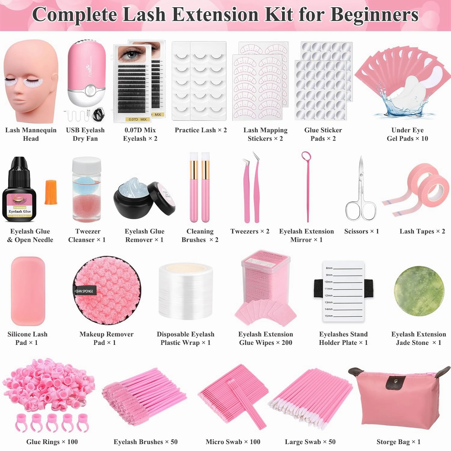 Lashes Kit for Eyelash Extension Beginner Lash Tech Starter Kit with Lash Mannequin Head, Professional Eyelash Extension Kit with Lash Fan, Extension Glue for Practice Training