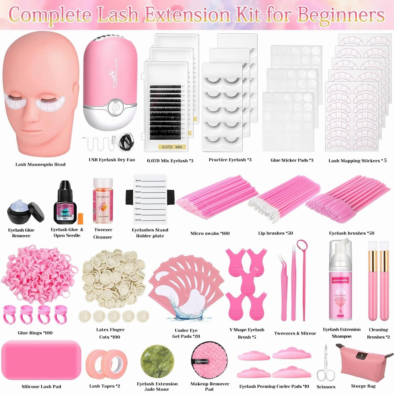 Lashes Kit for Eyelash Extension Beginners 470PCS Professional Lash Mannequin Head Practice Kit with Everything Lash Glue Lash Shampoo Lash Fan, Lash Extension Supplies for Practice Training