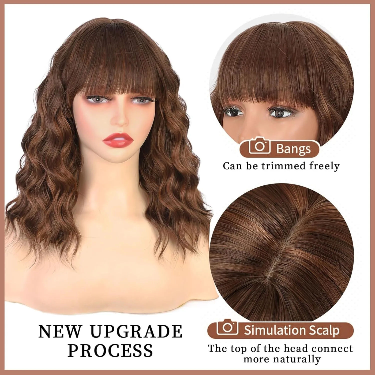 Lativ Brown Highlight Wigs for Women Short Wavy Curly Bob Wig with Bangs Shoulder Length 14 Inches Synthetic Hair for Daily Party Use