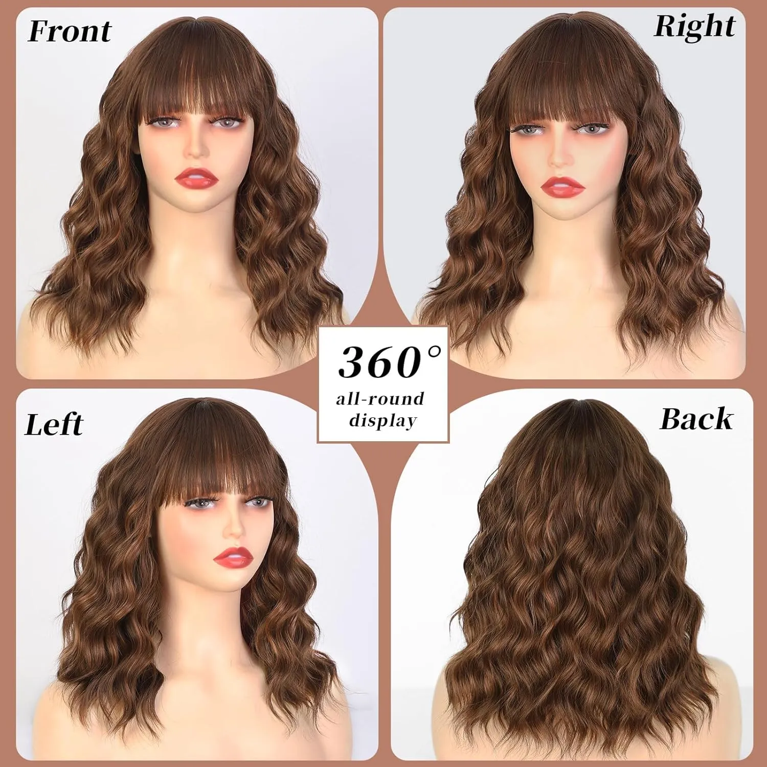 Lativ Brown Highlight Wigs for Women Short Wavy Curly Bob Wig with Bangs Shoulder Length 14 Inches Synthetic Hair for Daily Party Use