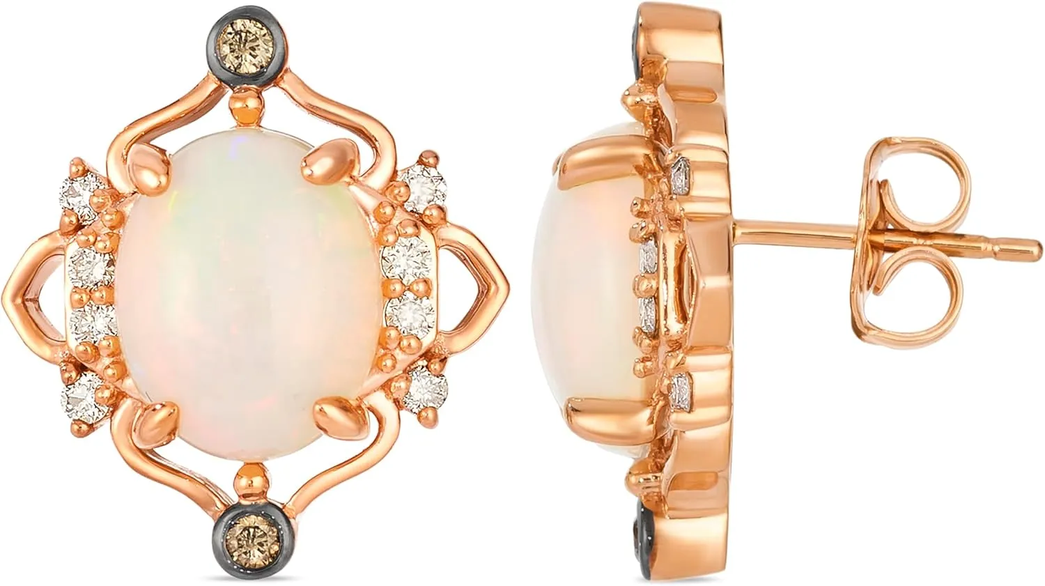 Le Vian 1/4 Carat White and Chocolate Diamond Stud Earrings with 2 2/5 Carat Opal | 14k Rose Gold Oval Vintage Earrings for Women (White/Black, 0.29 cttw) Elegant Push Back