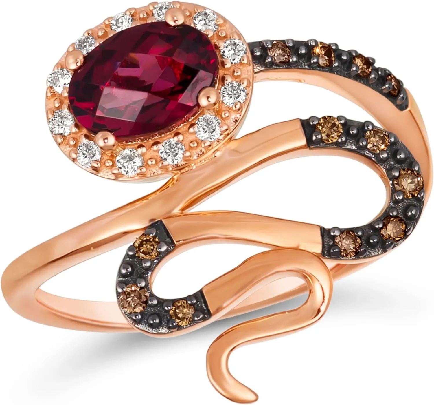LE VIAN 1/5 Carat White and Chocolate Diamond Ring for Women with 1 Carat Red Rhodolite | 14k Rose Gold Elegant Oval Statement Ring for Her (White/Brown, 0.18 cttw) Promise Anniversary Band Size 7