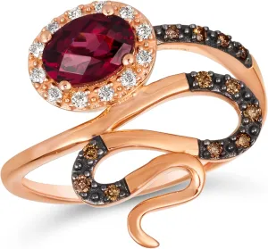 LE VIAN 1/5 Carat White and Chocolate Diamond Ring for Women with 1 Carat Red Rhodolite | 14k Rose Gold Elegant Oval Statement Ring for Her (White/Brown, 0.18 cttw) Promise Anniversary Band Size 7