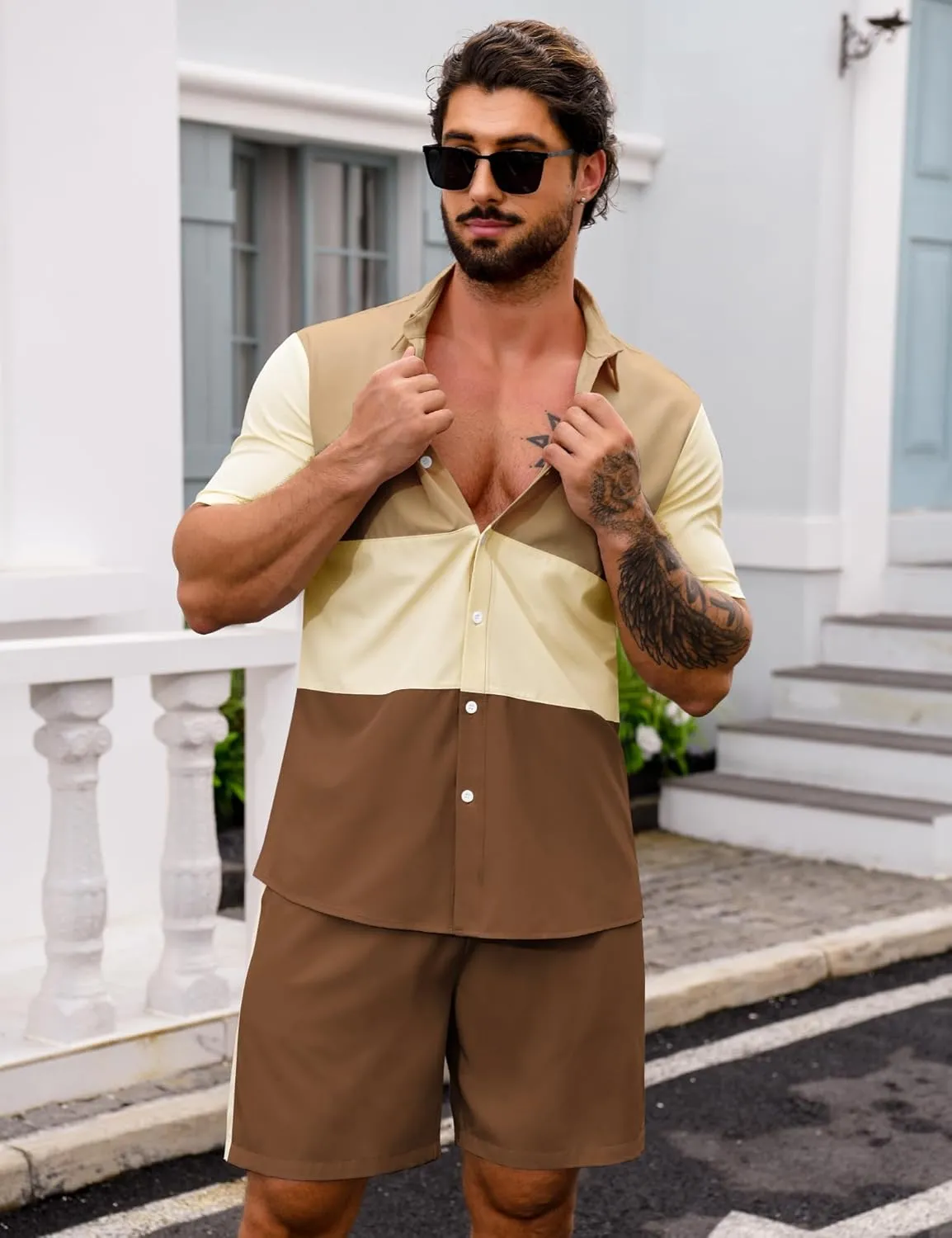 LecGee Mens Short Set 2 Piece Outfits Button Down Color Block Shirts And Shorts Set Summer Tracksuits