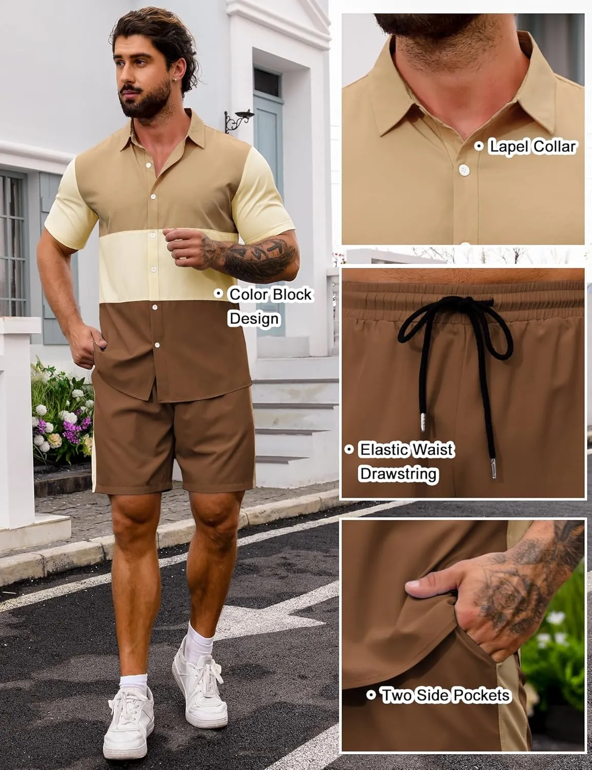 LecGee Mens Short Set 2 Piece Outfits Button Down Color Block Shirts And Shorts Set Summer Tracksuits